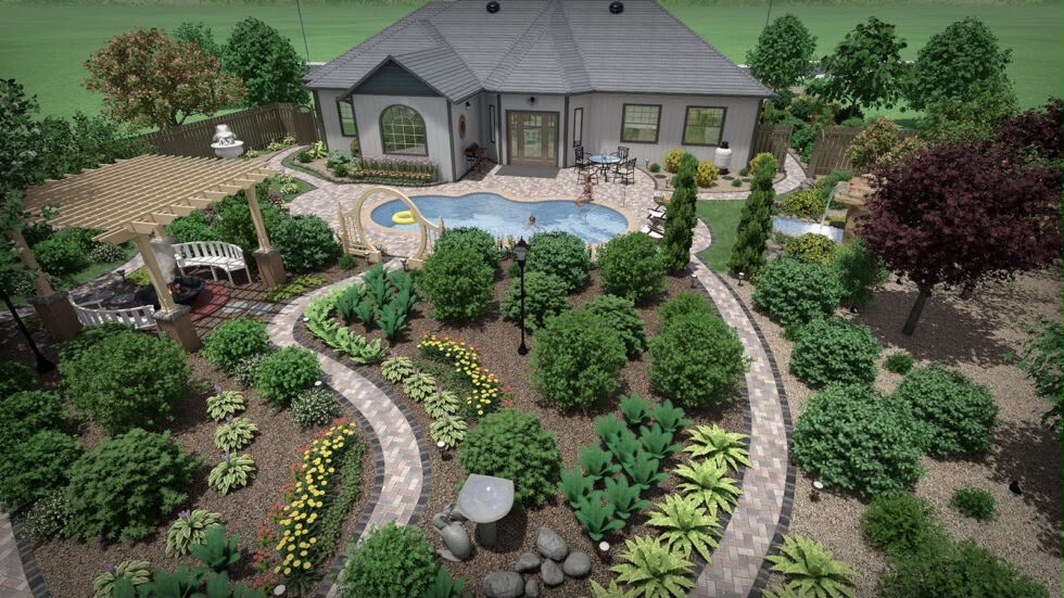 Luxury residential garden with pergola, pool and planted beds